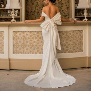 Off the Shoulder Fit & Flare Wedding Gown Deliza Bridal with detachable bow